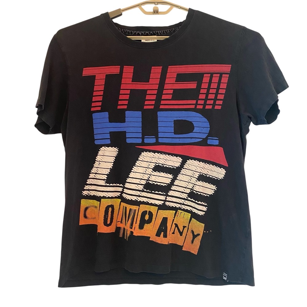 VTG Lee H.D. Company Graphic T-Shirt Cotton Black Tee 90s‎ XL Fit Medium STAIN